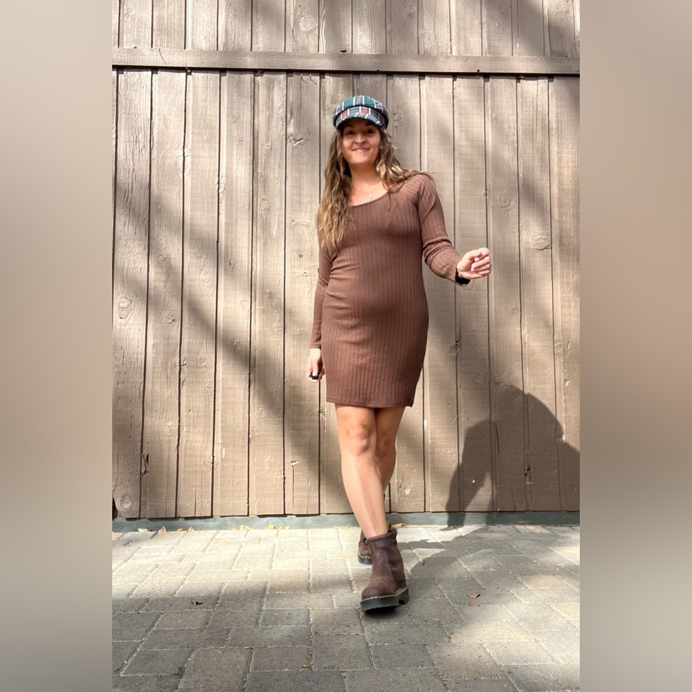 Old Navy Brown Ribbed Bodycon Mini Dress Medium Long Sleeve